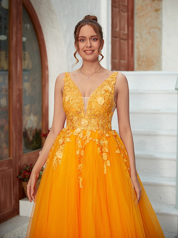 Tulle Applique V-neck Sleeveless Floor-Length Dresses