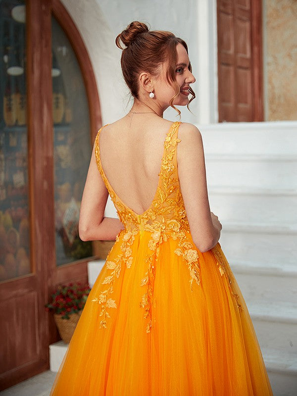 Tulle Applique V-neck Sleeveless Floor-Length Dresses