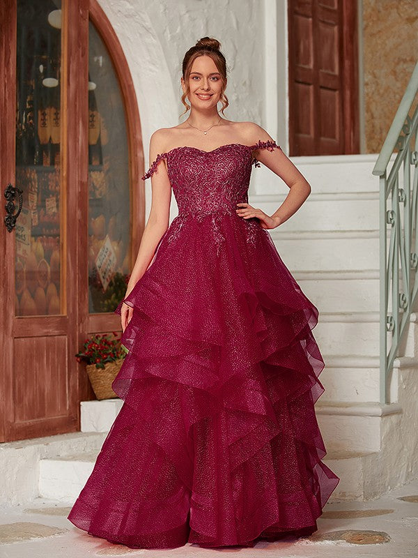 Applique Off-the-Shoulder Sleeveless Floor-Length Dresses