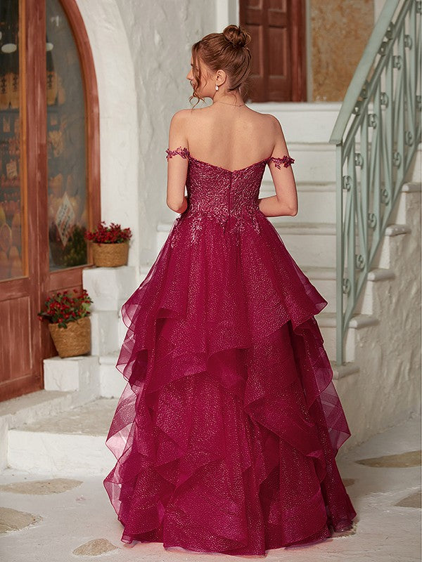 Applique Off-the-Shoulder Sleeveless Floor-Length Dresses