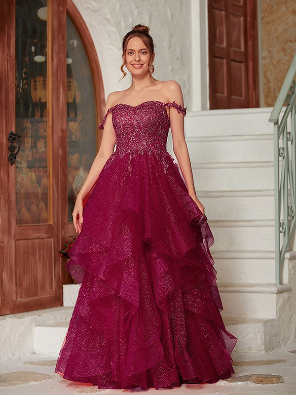 Applique Off-the-Shoulder Sleeveless Floor-Length Dresses