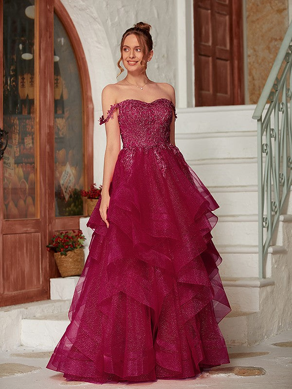 Applique Off-the-Shoulder Sleeveless Floor-Length Dresses
