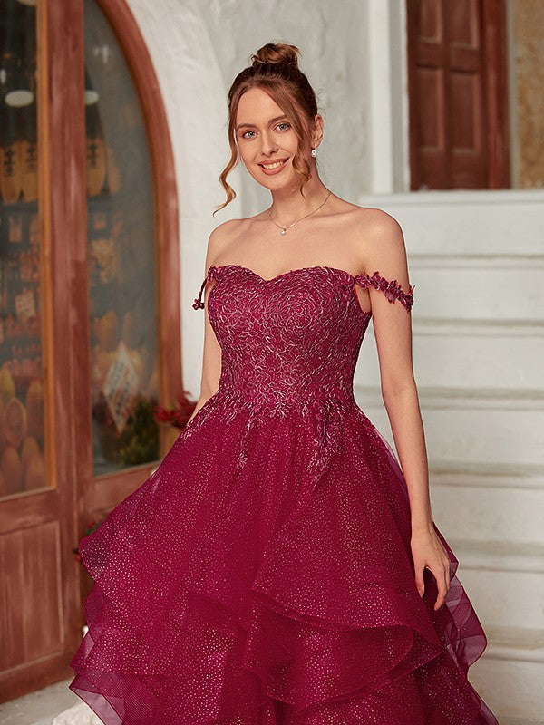 Applique Off-the-Shoulder Sleeveless Floor-Length Dresses
