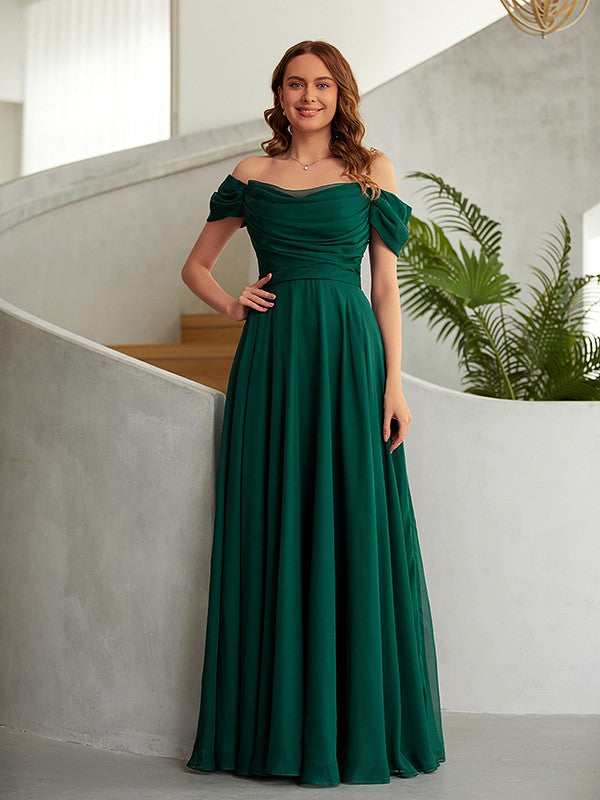 Chiffon Ruched Off-the-Shoulder Sleeveless Floor-Length Dresses