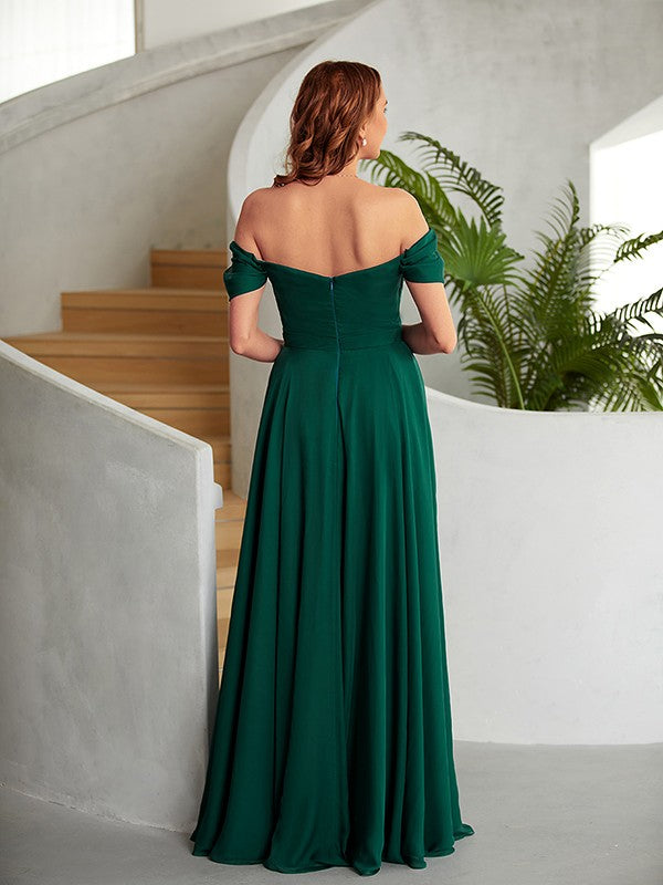 Chiffon Ruched Off-the-Shoulder Sleeveless Floor-Length Dresses