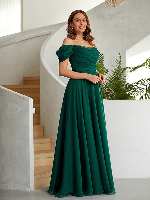 Chiffon Ruched Off-the-Shoulder Sleeveless Floor-Length Dresses