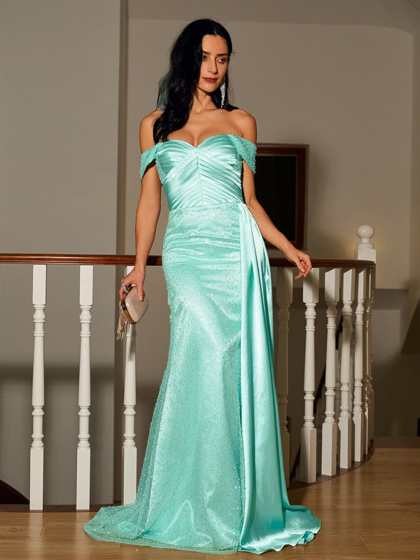 Woven Satin Ruched Off-the-Shoulder Sleeveless Sweep/Brush Train Dresses