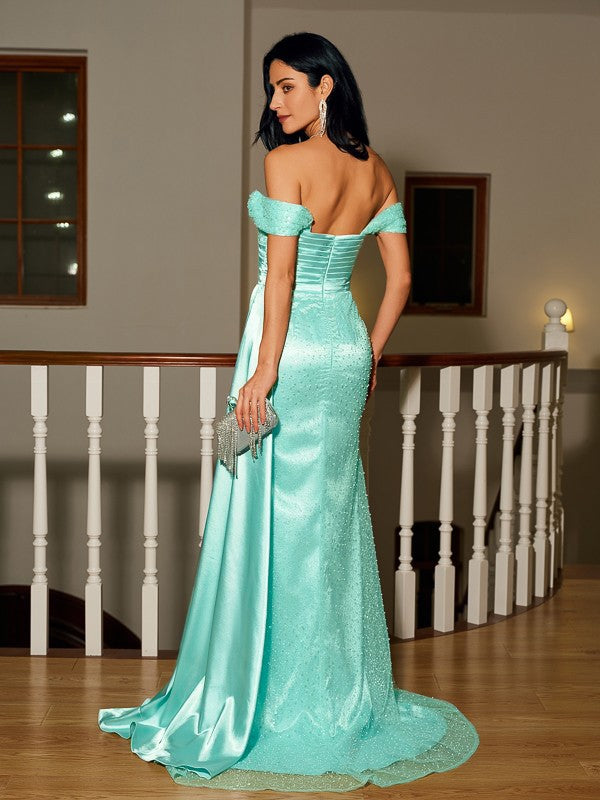 Woven Satin Ruched Off-the-Shoulder Sleeveless Sweep/Brush Train Dresses