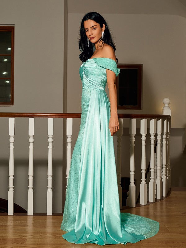 Woven Satin Ruched Off-the-Shoulder Sleeveless Sweep/Brush Train Dresses