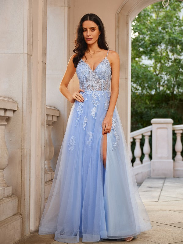 Tulle Applique V-neck Sleeveless Floor-Length Dresses