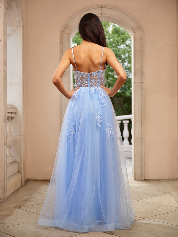 Tulle Applique V-neck Sleeveless Floor-Length Dresses