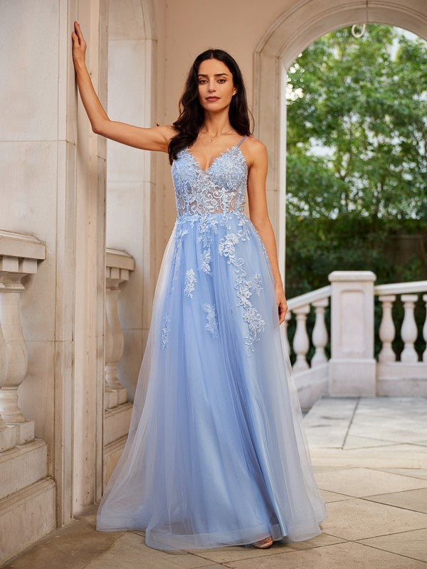 Tulle Applique V-neck Sleeveless Floor-Length Dresses
