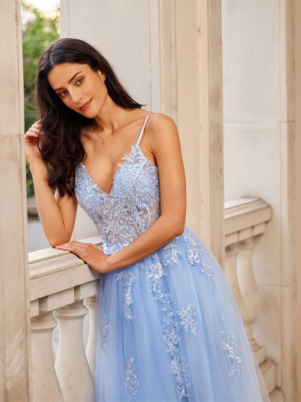 Tulle Applique V-neck Sleeveless Floor-Length Dresses