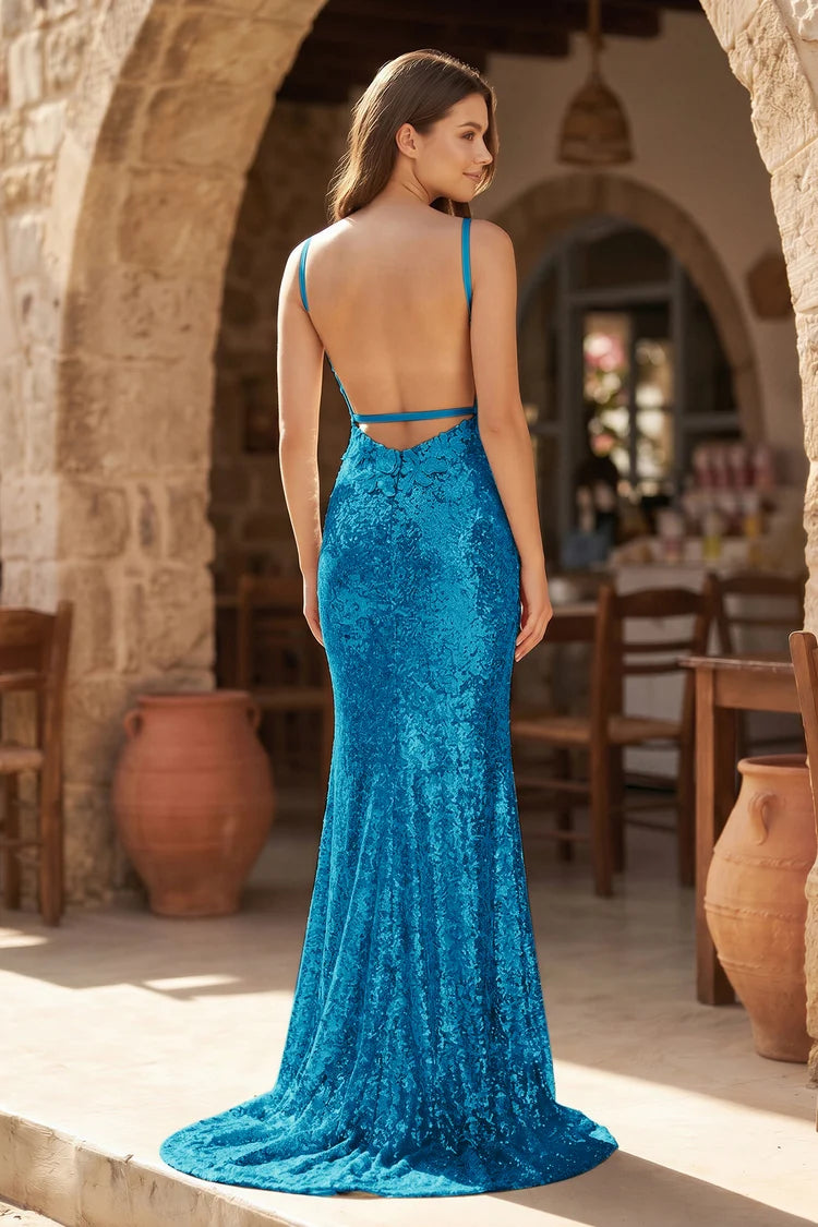 Peacock Blue Sequin 3D Floral Sheath/column V-Neck Floor-Length Dress