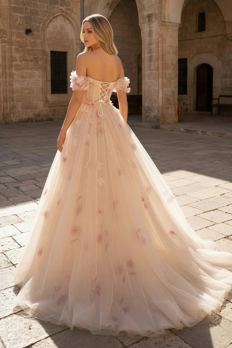 Blushing Pink Tulle Ball Gown Off-the-Shoulder Lace-Up Back Floor-Length Dress