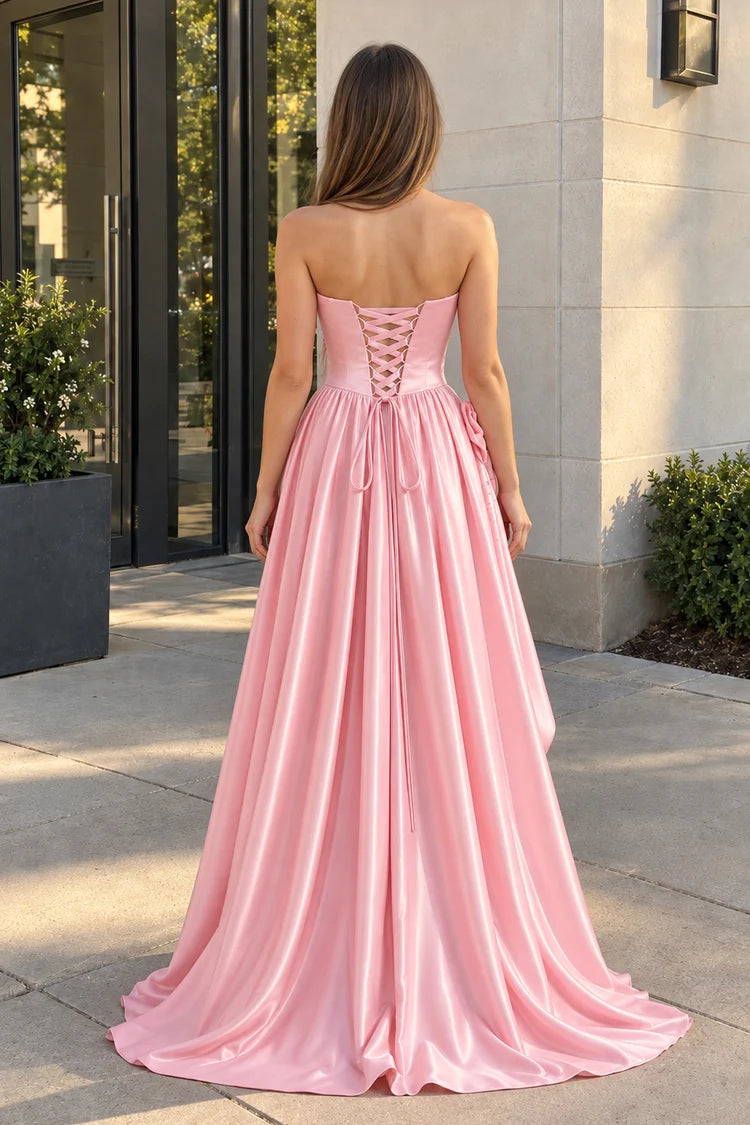 Blushing Pink Satin A-Line Sweetheart Lace-Up Back Floor-Length Dress