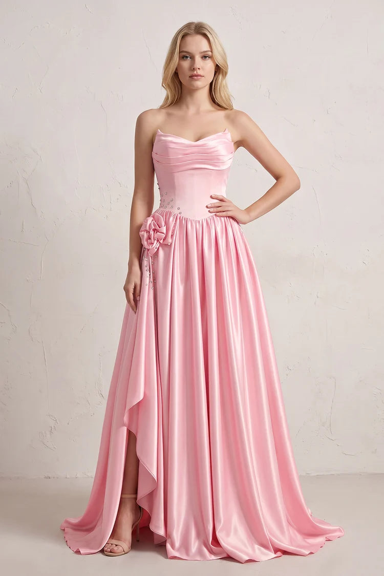 Blushing Pink Satin A-Line Sweetheart Lace-Up Back Floor-Length Dress