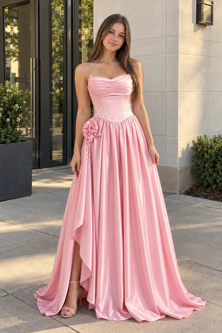 Blushing Pink Satin A-Line Sweetheart Lace-Up Back Floor-Length Dress