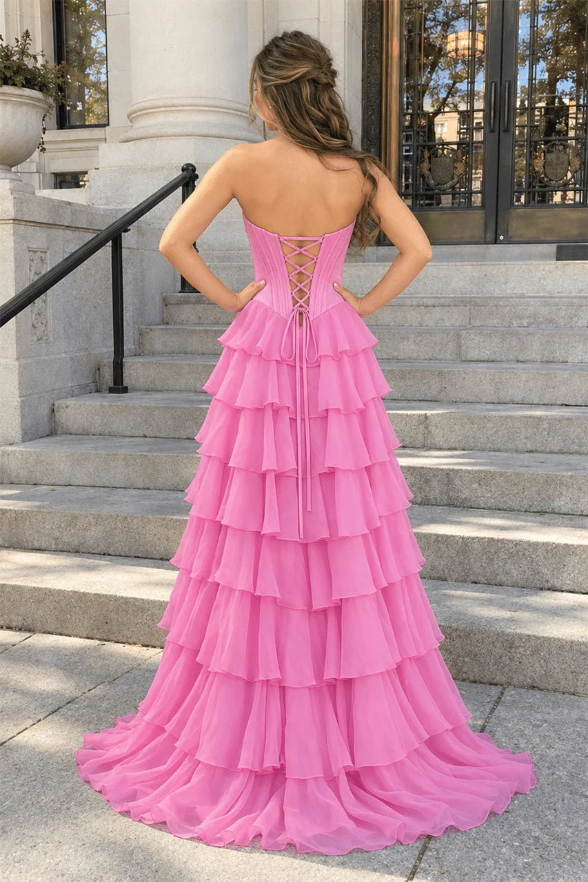 Sweetheart corset tiered chiffon high slit prom gown