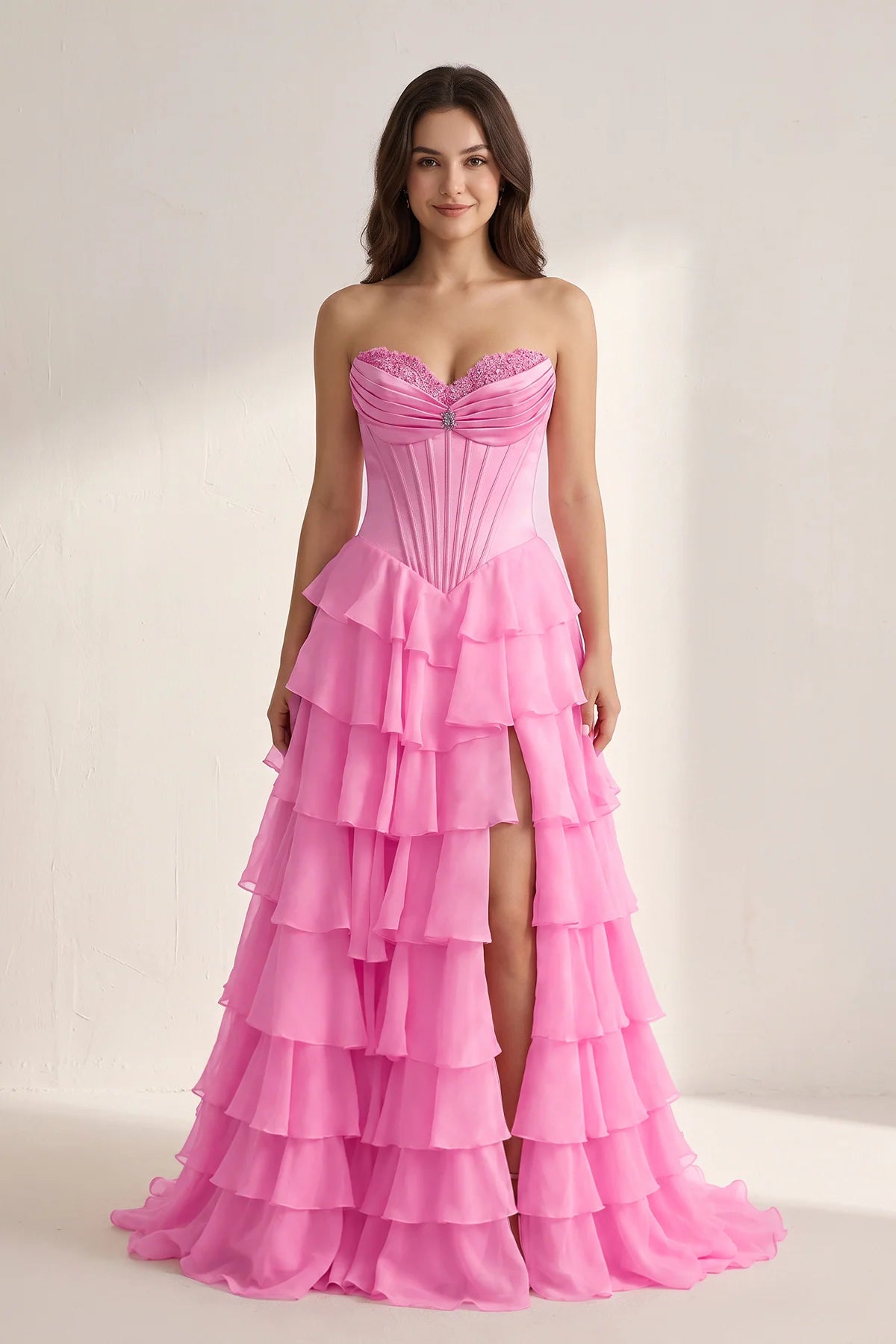 Sweetheart corset tiered chiffon high slit prom gown