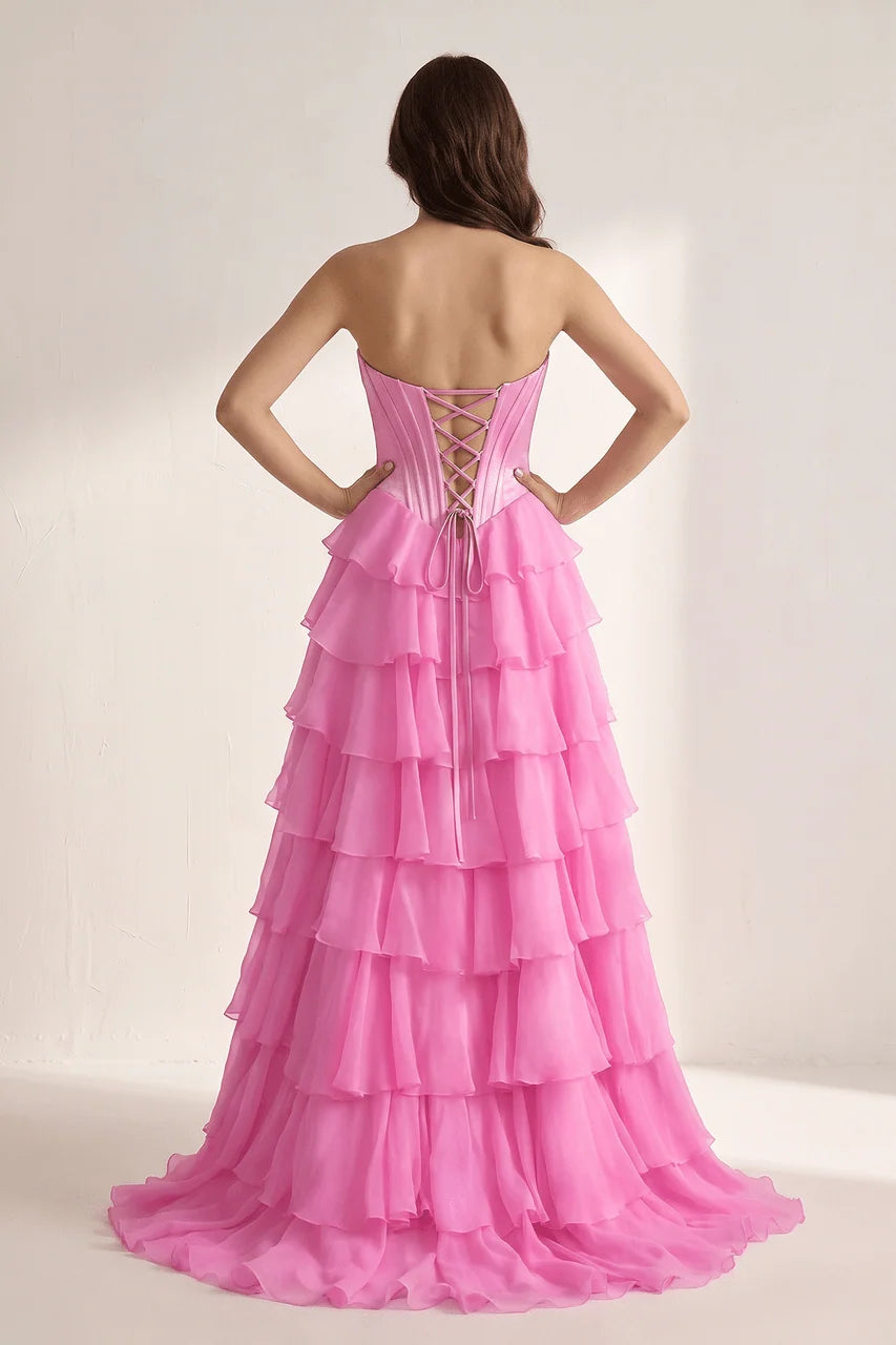 Sweetheart corset tiered chiffon high slit prom gown