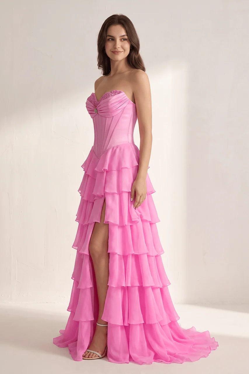Sweetheart corset tiered chiffon high slit prom gown