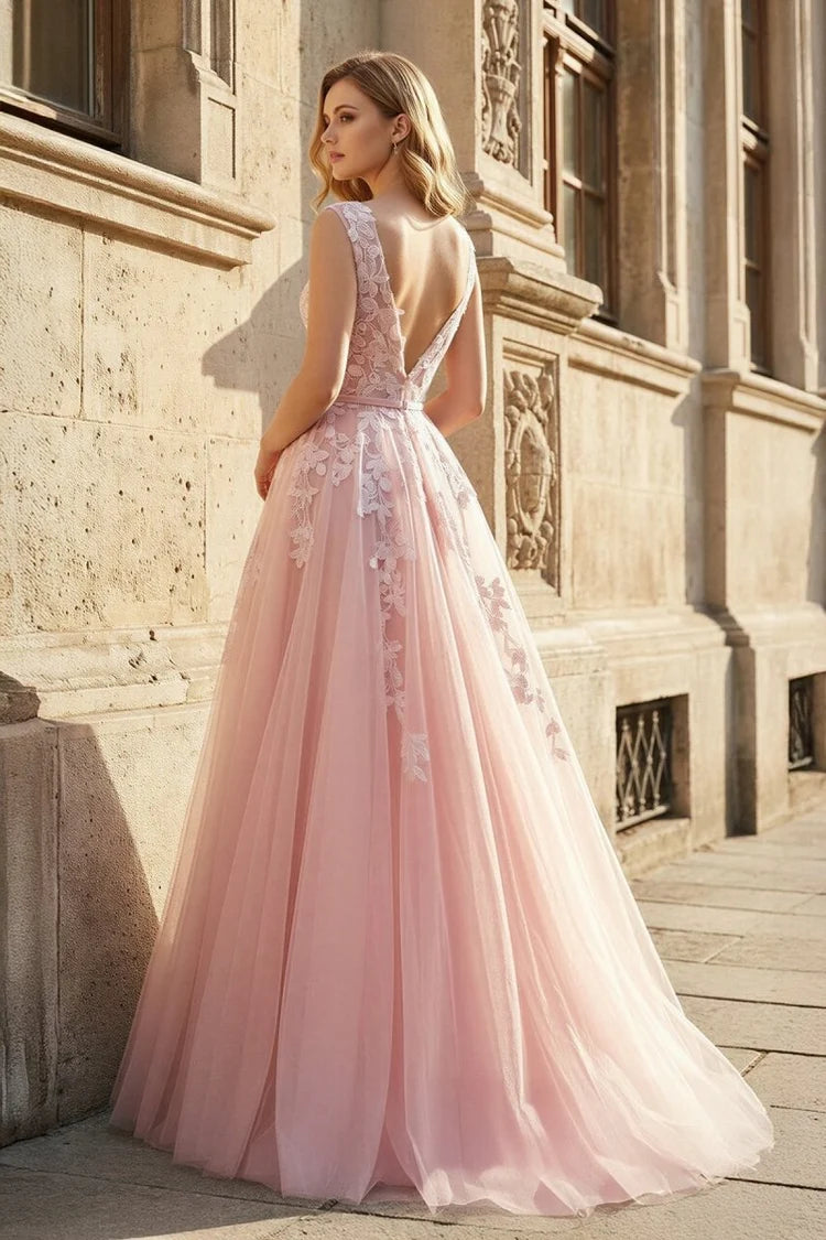 Blushing Pink Tulle & Lace A-Line Illusion Neck V-Back Floor-Length Dress