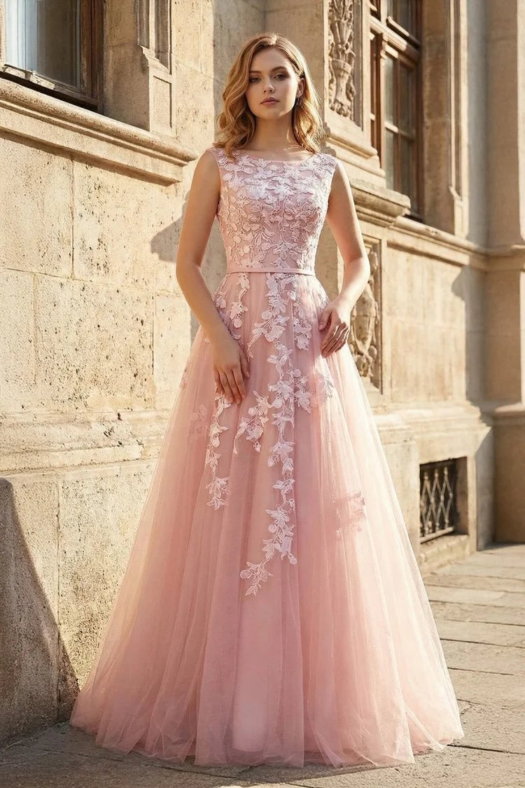 Blushing Pink Tulle & Lace A-Line Illusion Neck V-Back Floor-Length Dress