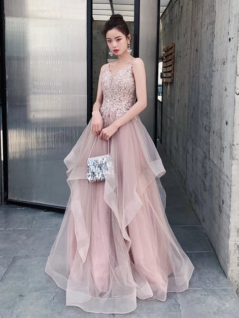 Dusty Pink Spaghetti Strap Beaded Lace Ruffled Tulle A Line Prom Dress