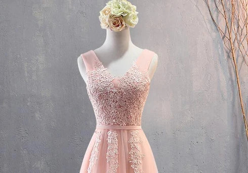 Blush V Neck Sleeveless Lace Tulle Bridesmaid Dress