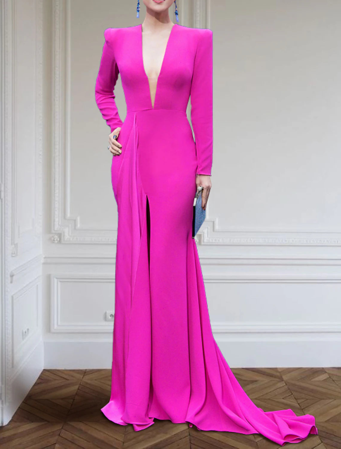 Robe de soirée trapèze élégante robe noire champagne grande taille robe formelle balayage / pinceau traîne manches longues col en V tissu extensible