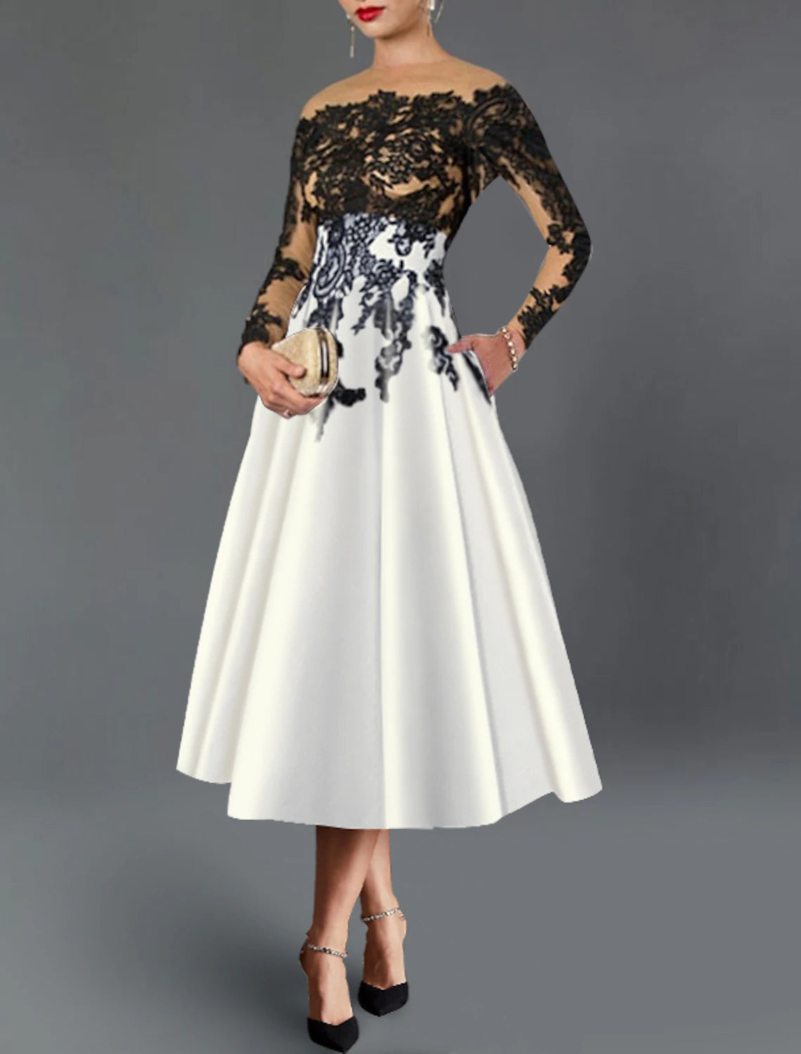 A-Line Cocktail Dresses Elegant Dress Fall Wedding Guest Dress For Mother Color Block Formal Tea Length 3/4 Length Sleeve Off Shoulder Pocket Satin