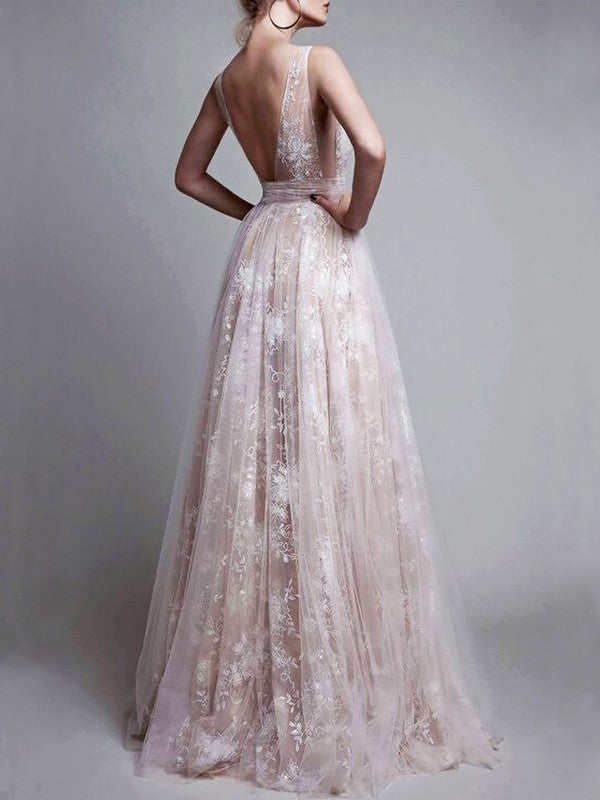V-neck Floor-Length Tulle Sleeveless Applique Dresses