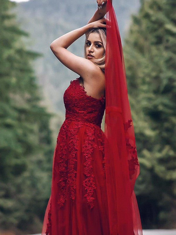 Applique Tulle Sleeveless V-neck Floor-Length Dresses