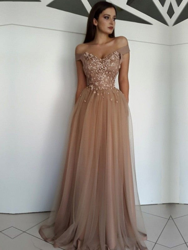 Sleeveless Off-the-Shoulder Floor-Length Applique Tulle Dresses
