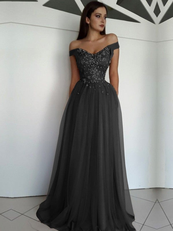 Sleeveless Off-the-Shoulder Floor-Length Applique Tulle Dresses