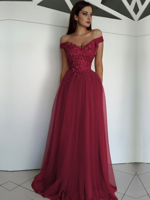 Sleeveless Off-the-Shoulder Floor-Length Applique Tulle Dresses