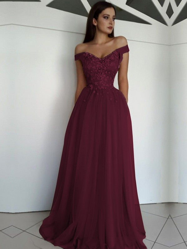Sleeveless Off-the-Shoulder Floor-Length Applique Tulle Dresses