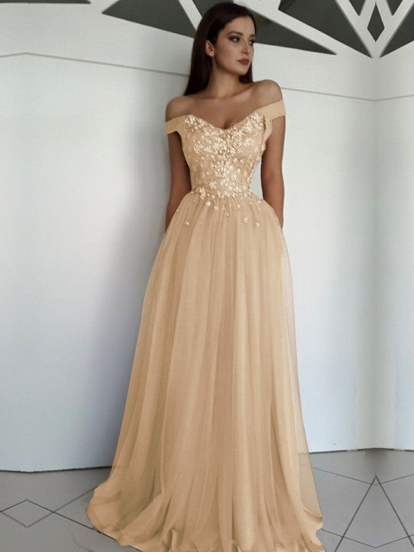 Sleeveless Off-the-Shoulder Floor-Length Applique Tulle Dresses