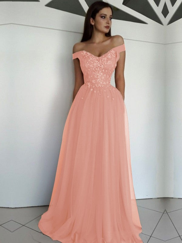 Sleeveless Off-the-Shoulder Floor-Length Applique Tulle Dresses