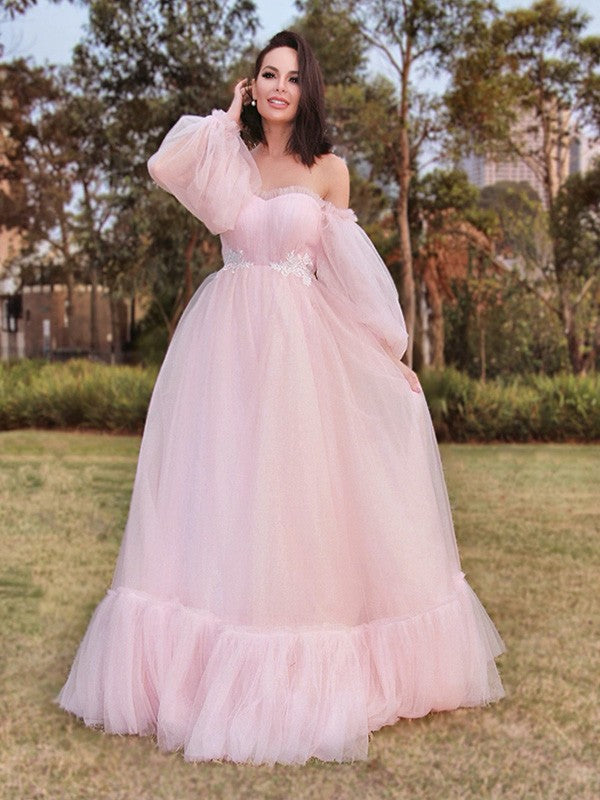 Long Sleeves Floor-Length Tulle Applique Off-the-Shoulder Dresses
