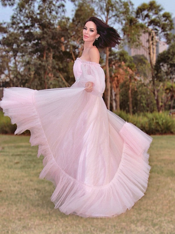 Long Sleeves Floor-Length Tulle Applique Off-the-Shoulder Dresses