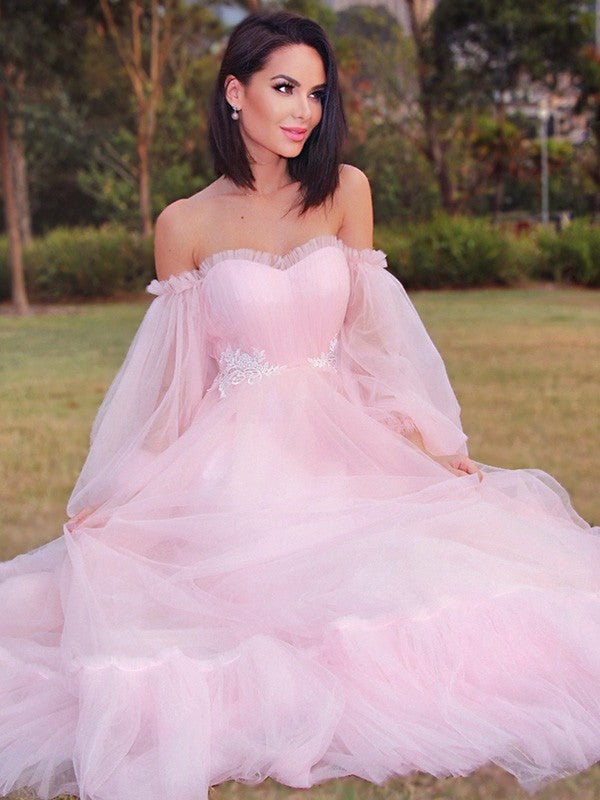Long Sleeves Floor-Length Tulle Applique Off-the-Shoulder Dresses