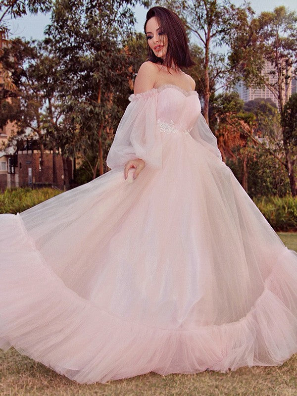 Long Sleeves Floor-Length Tulle Applique Off-the-Shoulder Dresses