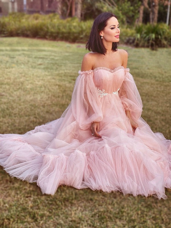 Long Sleeves Floor-Length Tulle Applique Off-the-Shoulder Dresses