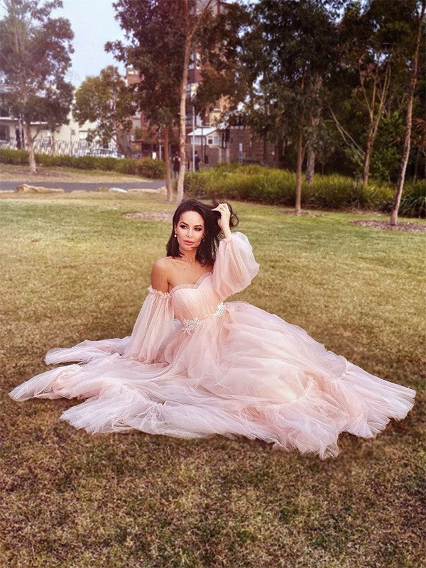 Long Sleeves Floor-Length Tulle Applique Off-the-Shoulder Dresses