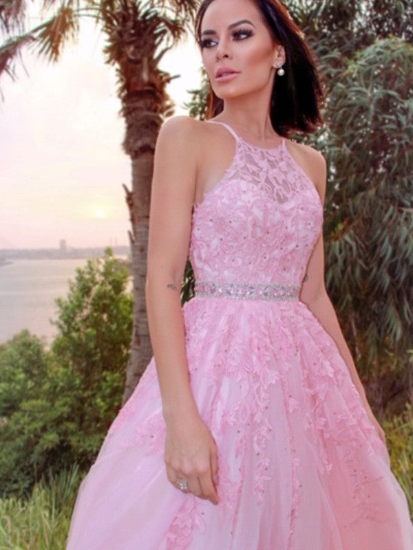 Tulle Applique Halter Sleeveless Floor-Length Dresses