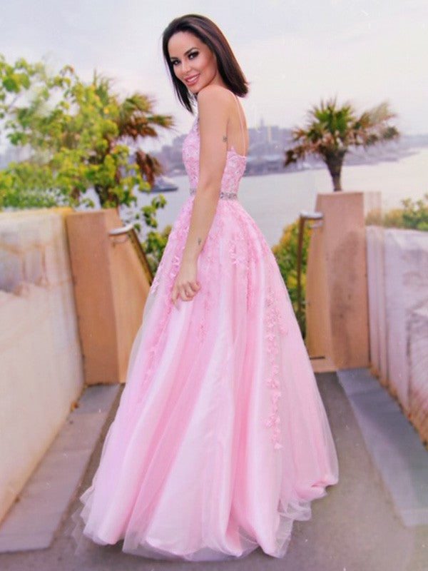 Tulle Applique Halter Sleeveless Floor-Length Dresses