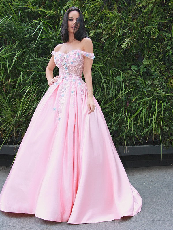Satin Applique Off-the-Shoulder Sleeveless Sweep/Brush Train Dresses