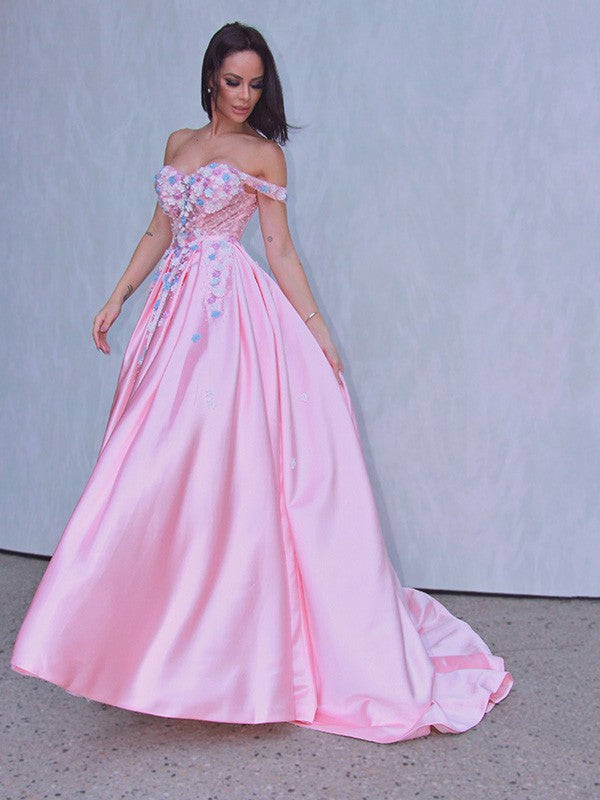 Satin Applique Off-the-Shoulder Sleeveless Sweep/Brush Train Dresses